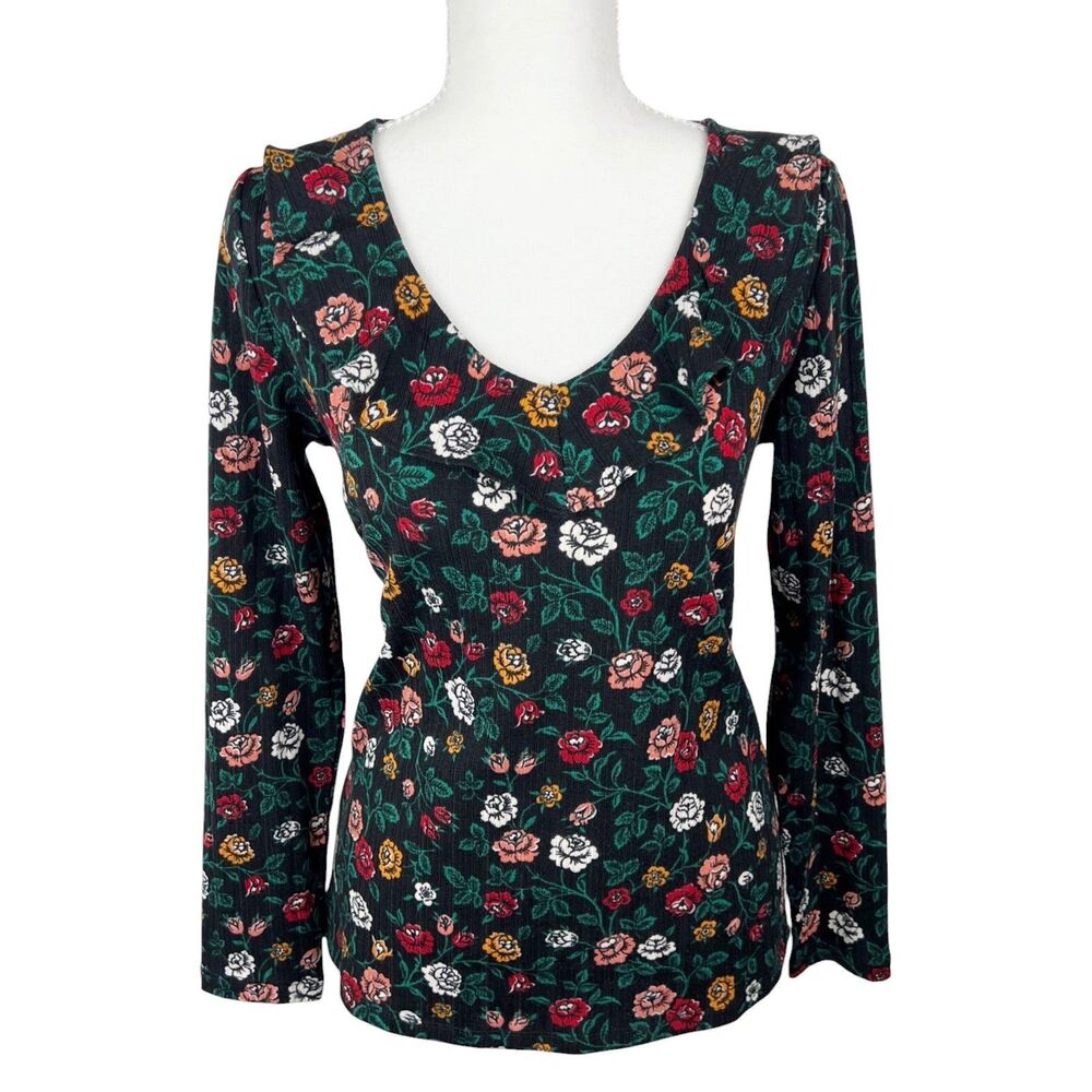 Loft Blouse Women Medium Petite Black Floral Long Sleeve Ruffled Collar Casual